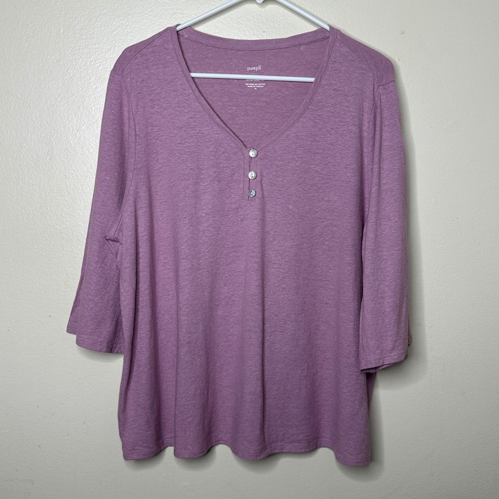 Pure Jill Henley Top Purple Hemp Cotton Blend 3/4 Sleeve J Jill size XL